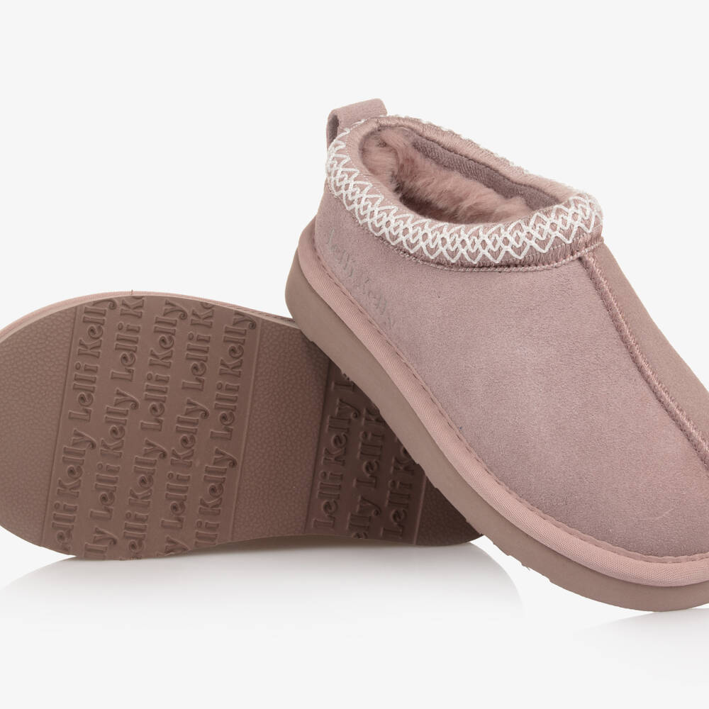 Lelli Kelly-Girls Pink Suede Leather Slippers with Faux Fur Lining | Childrensalon Outlet