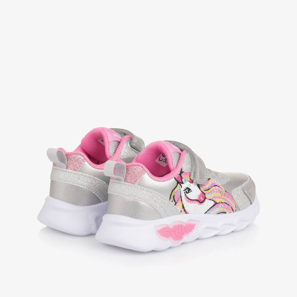 Lelli Kelly-Girls Silver Faux Leather Unicorn Trainers with Light-Up Logo | Childrensalon Outlet
