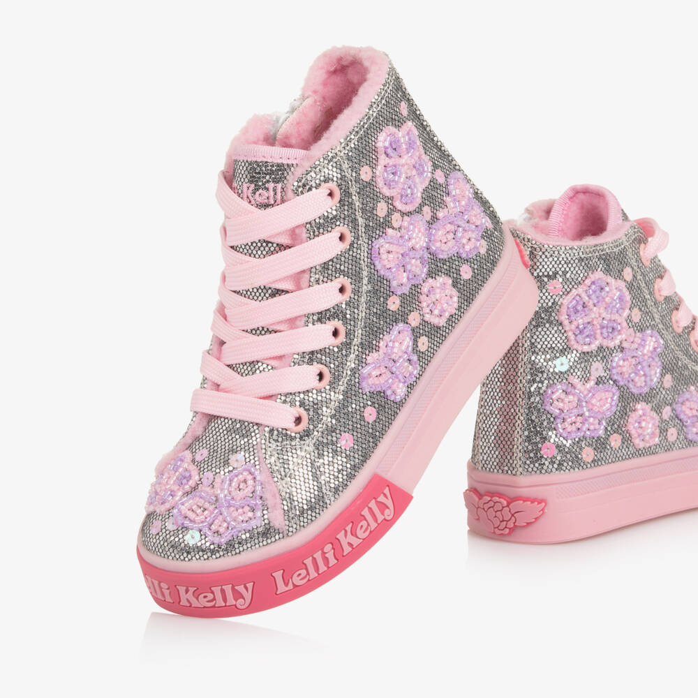 Lelli Kelly-Girls Silver High-Top Trainers with Beaded Butterflies | Childrensalon Outlet