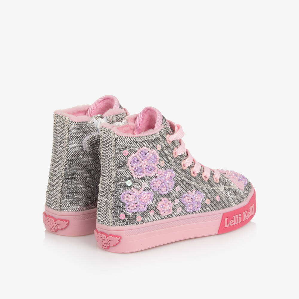 Lelli Kelly-Girls Silver High-Top Trainers with Beaded Butterflies | Childrensalon Outlet