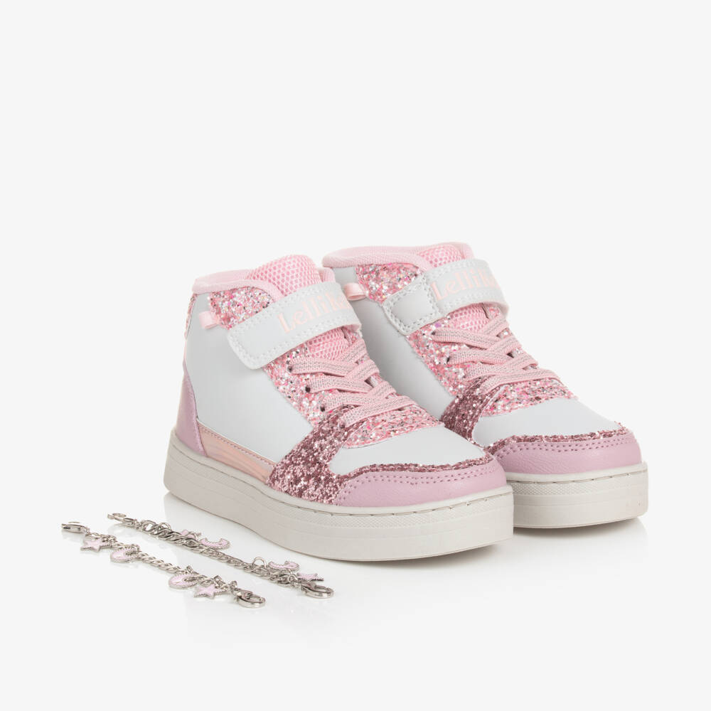 ليلي كيلي-حذاء رياضي أبيض براق للبنات مع أساور | Childrensalon Outlet