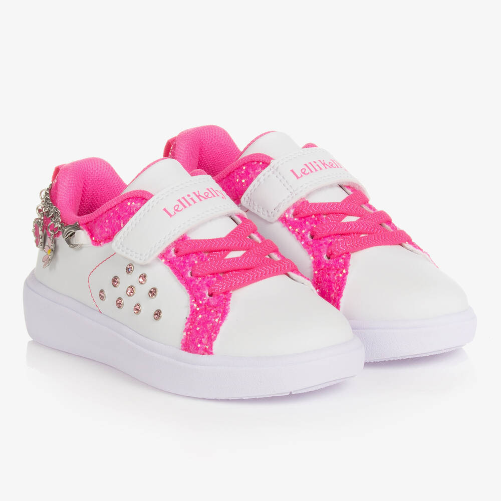 Lelli Kelly - Girls White & Pink Faux Leather Trainers | Childrensalon