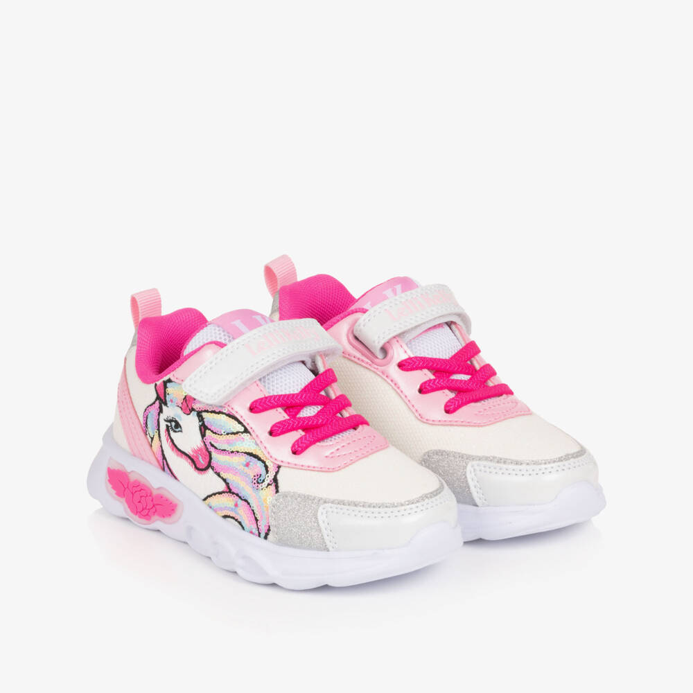 Lelli Kelly-Girls White & Pink Light-Up Trainers with Unicorn Motif | Childrensalon Outlet
