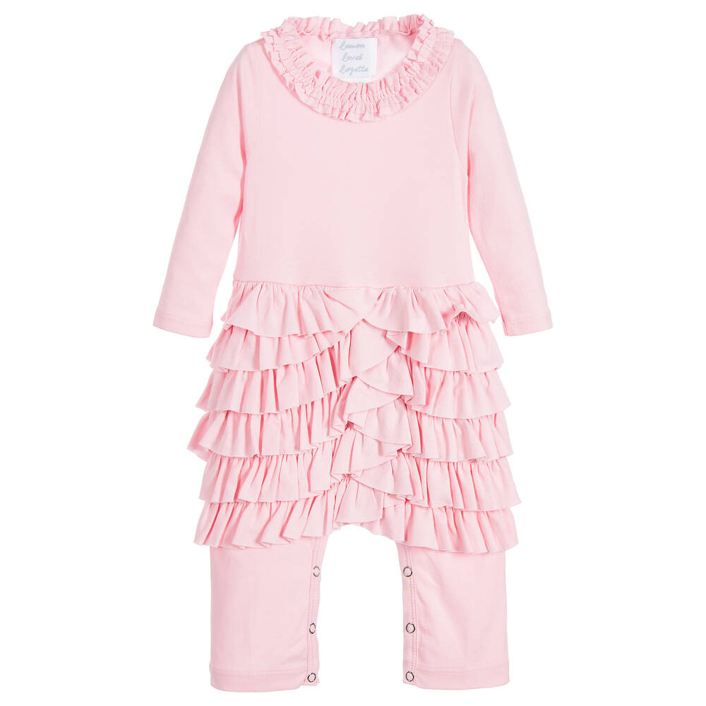 Lemon Loves Layette - Baby Girls Pink Ruffle 'Lulu' Romper Suit | Childrensalon