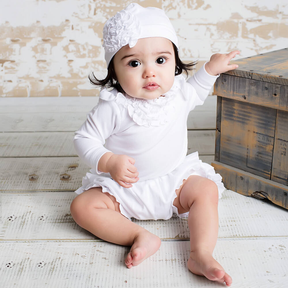 Lemon Loves Layette-Girls Ivory Rosette Adorned Pima Hat | Childrensalon Outlet
