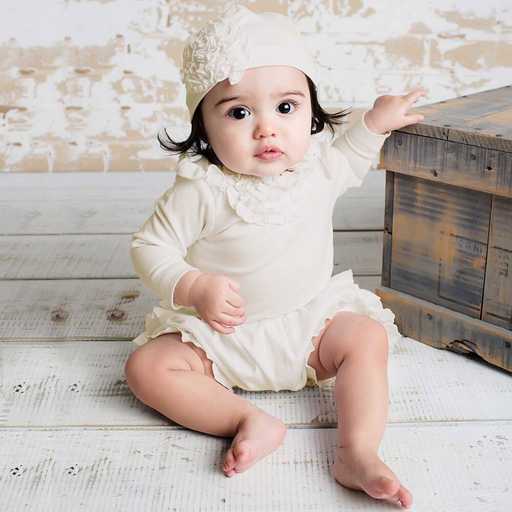 Lemon Loves Layette-قبعة قطنية عاجية للبنات مزينة بورود وكرانيش | Childrensalon Outlet