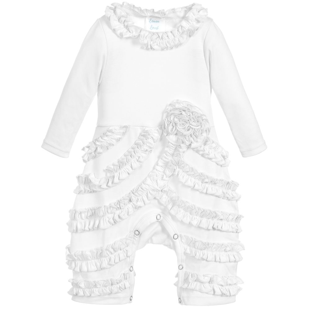 Lemon Loves Layette - White Pima Cotton 'Peony' Romper | Childrensalon