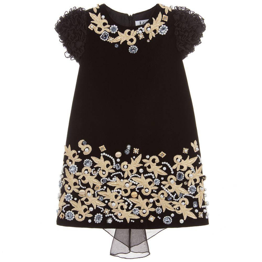 Lesy - Black Embroidered Velvet Dress | Childrensalon