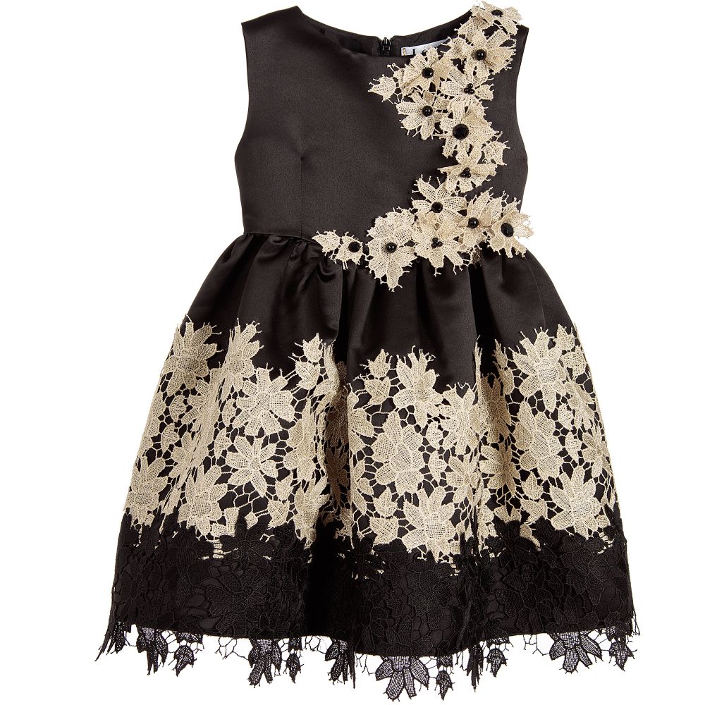 Lesy Luxury - Black Satin & Gold Floral Lace Dress | Childrensalon