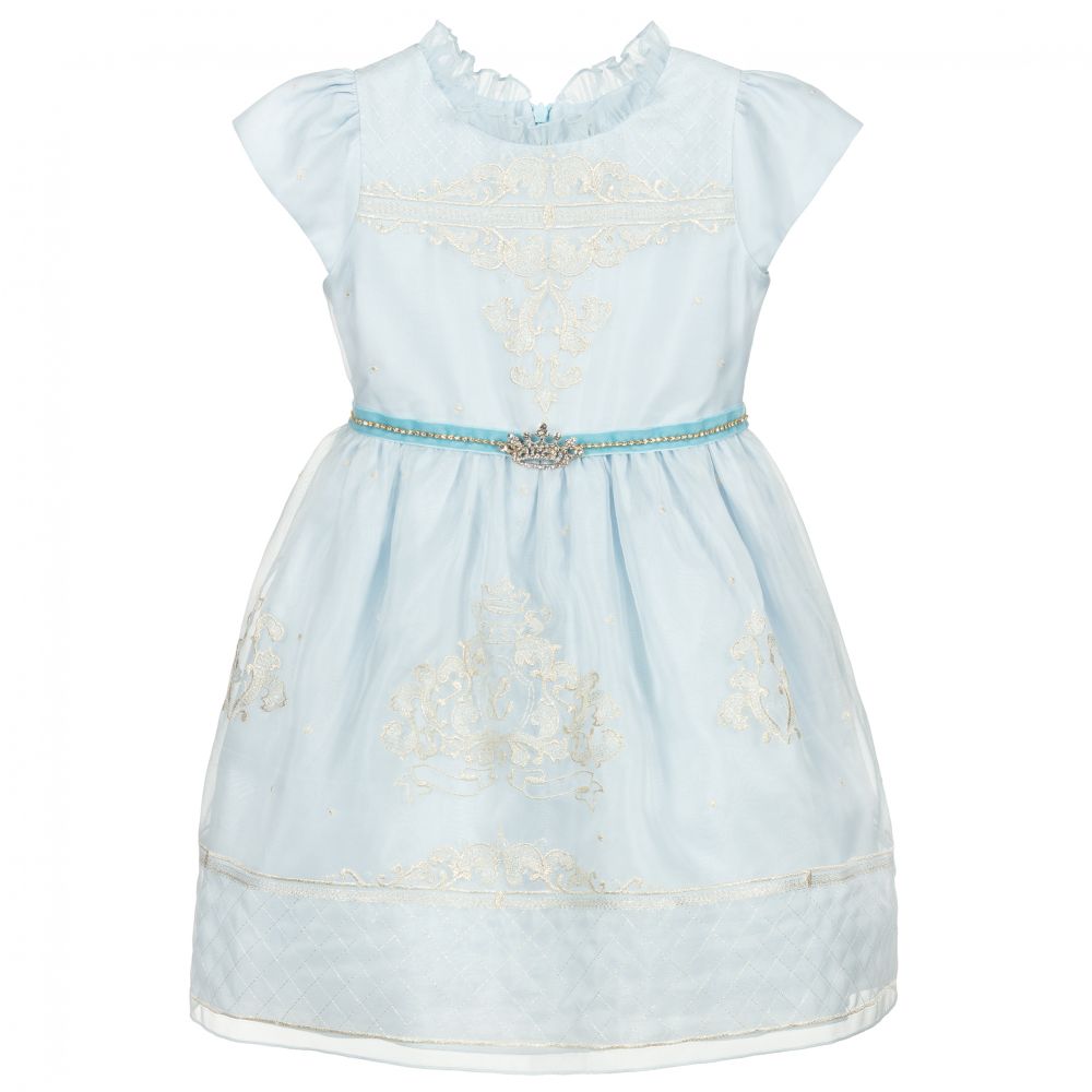 Lesy - Голубое шелковое платье с золотистым декором для девочек | Childrensalon