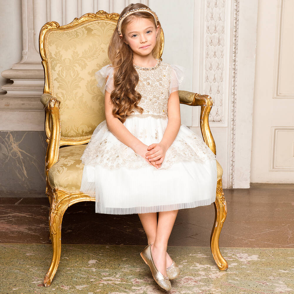 Lesy Girls Gold Ivory Lace Dress