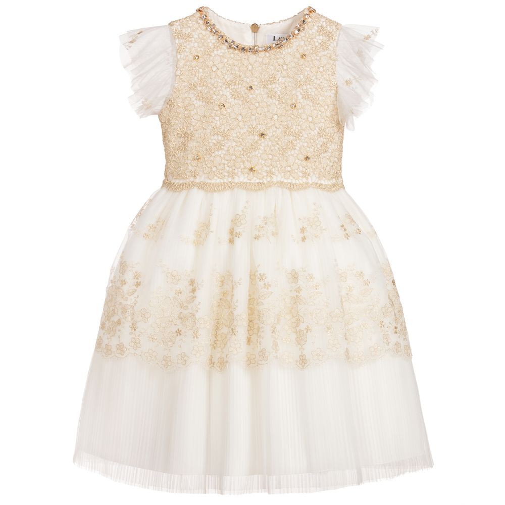 Lesy - Girls Gold & Ivory Lace Dress | Childrensalon