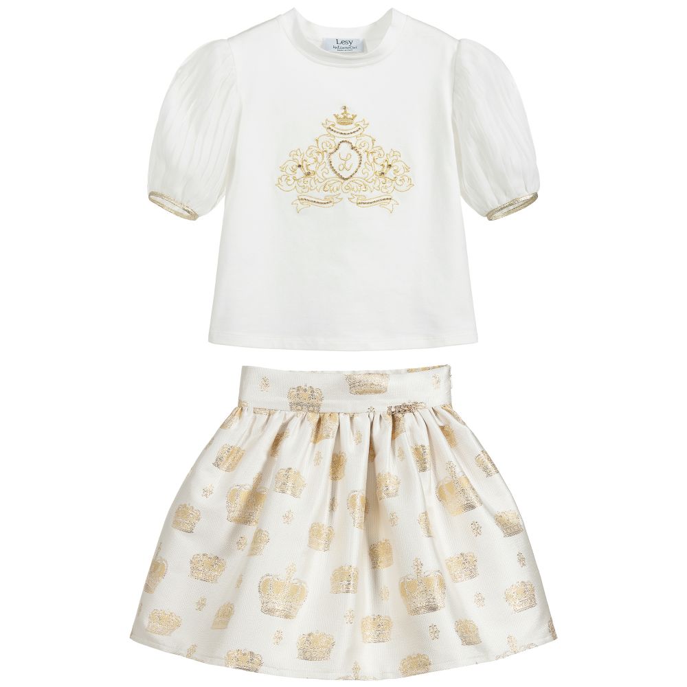 Lesy-Комплект с юбкой цвета золота и слоновой кости для девочек | Childrensalon Outlet