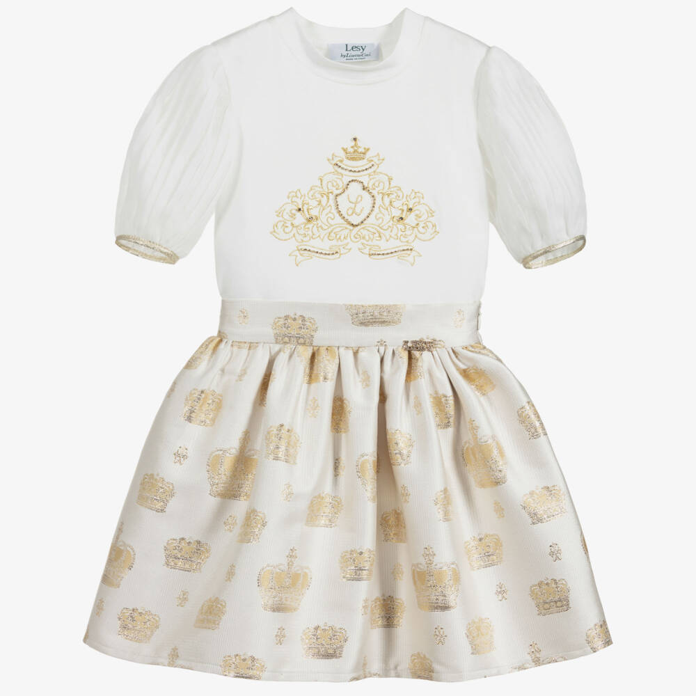 Lesy-طقم تنورة وتوب قطن لون ذهبي و عاجي | Childrensalon Outlet