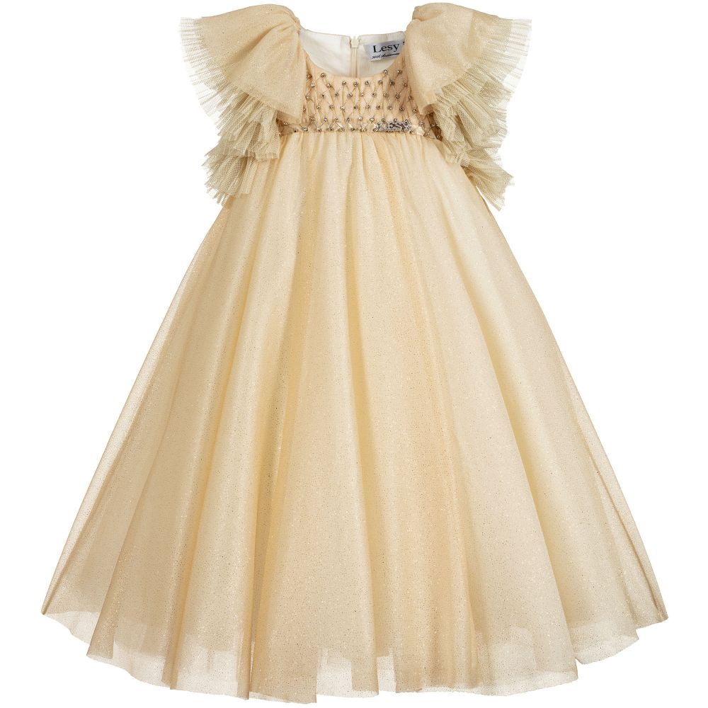 Lesy - Girls Gold Tulle Dress | Childrensalon