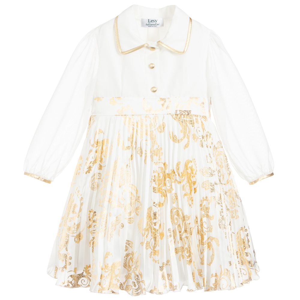 Lesy - Girls Ivory & Gold Dress | Childrensalon