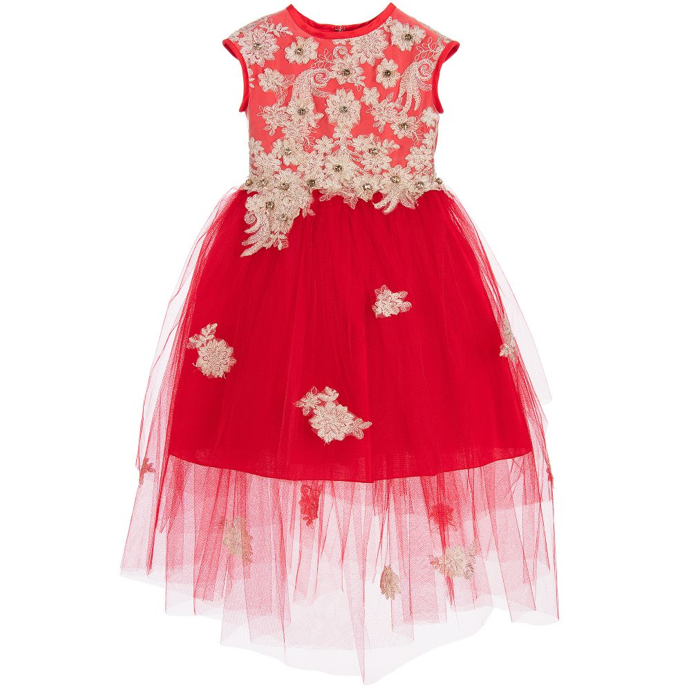 Lesy - Girls Red & Gold Tulle Dress | Childrensalon