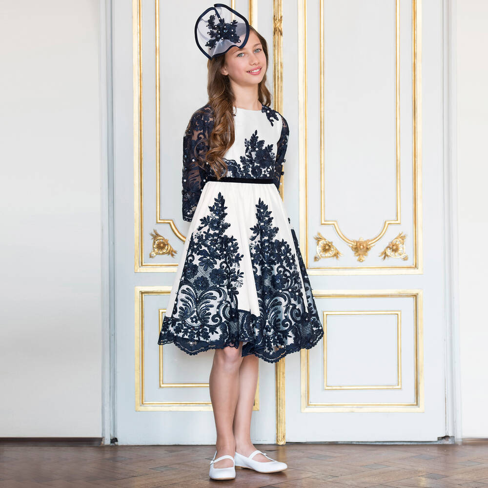 Lesy-Girls White & Blue Lace Dress | Childrensalon Outlet
