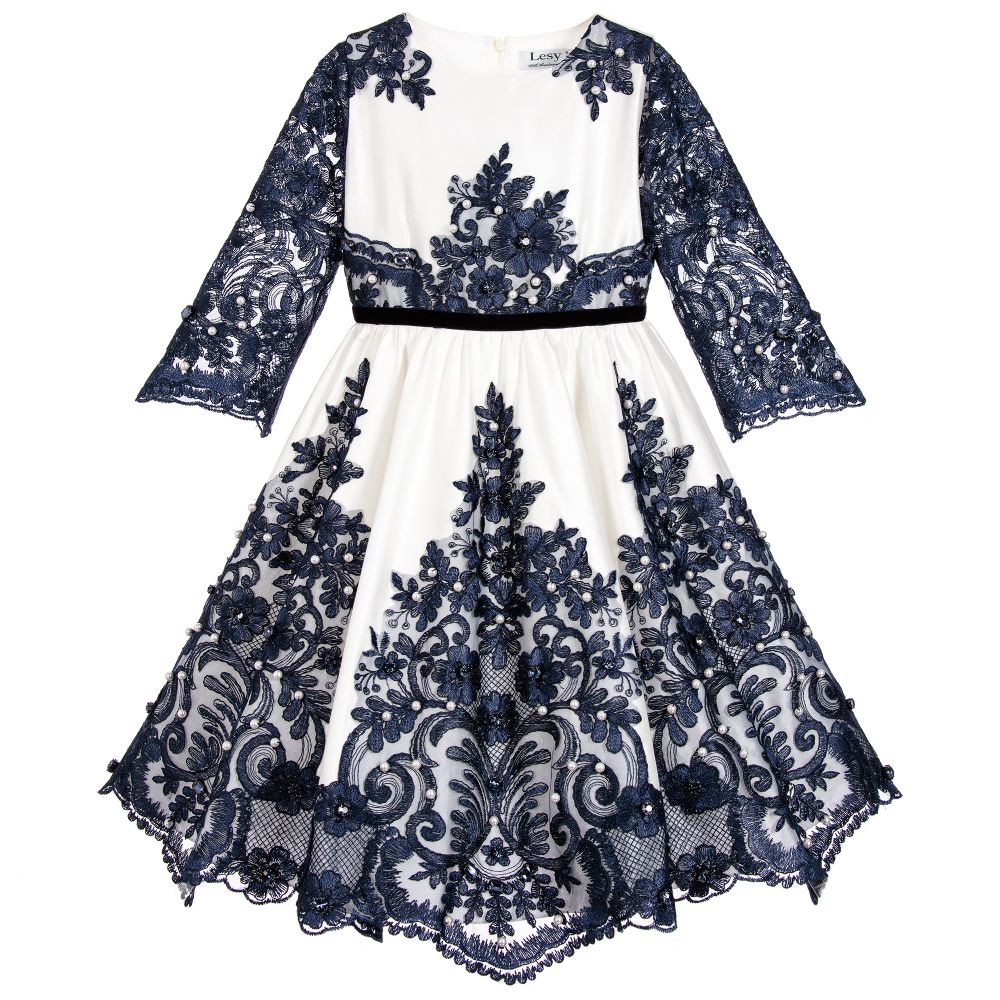 Lesy - Girls White & Blue Lace Dress | Childrensalon
