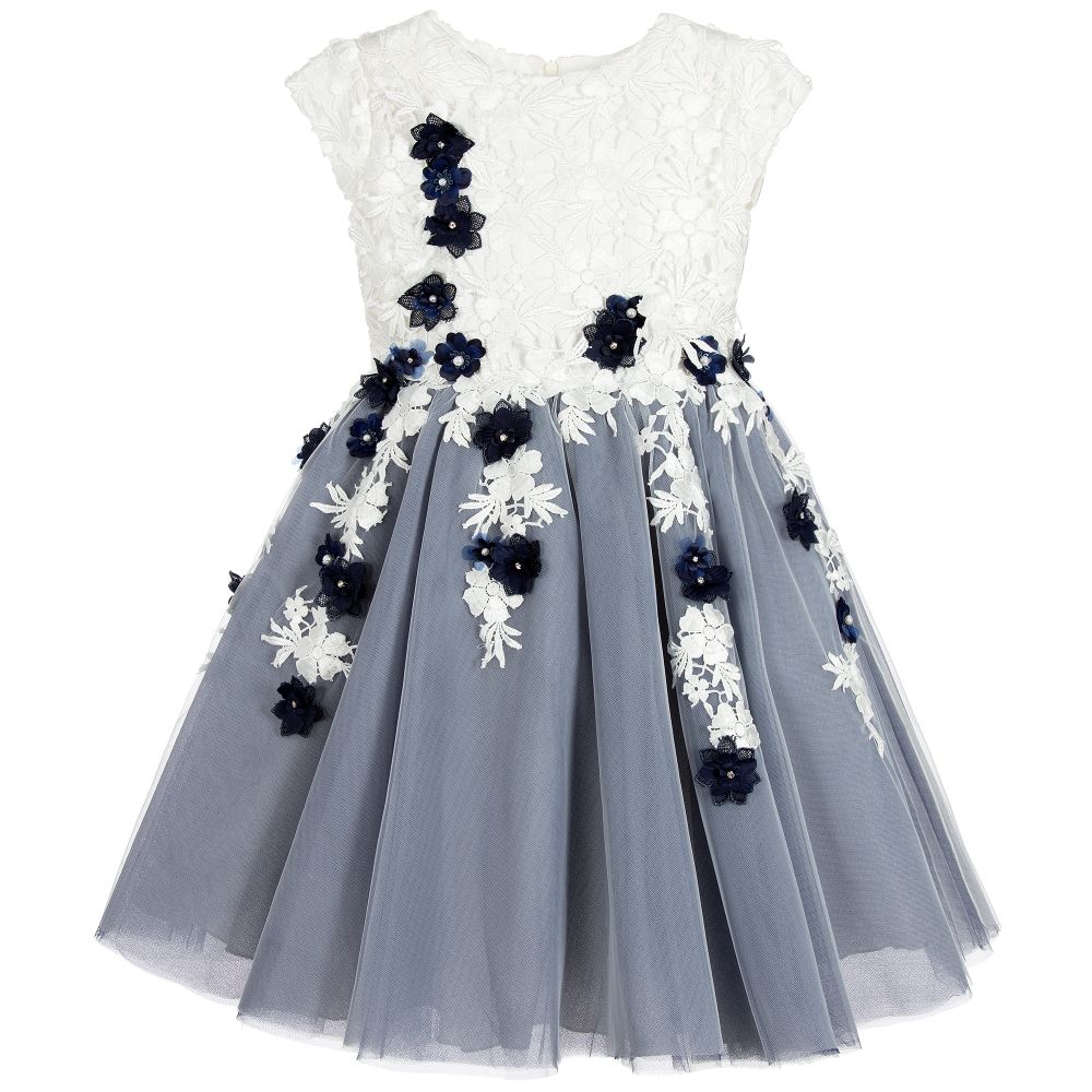 Lesy - Girls White & Navy Blue Dress | Childrensalon