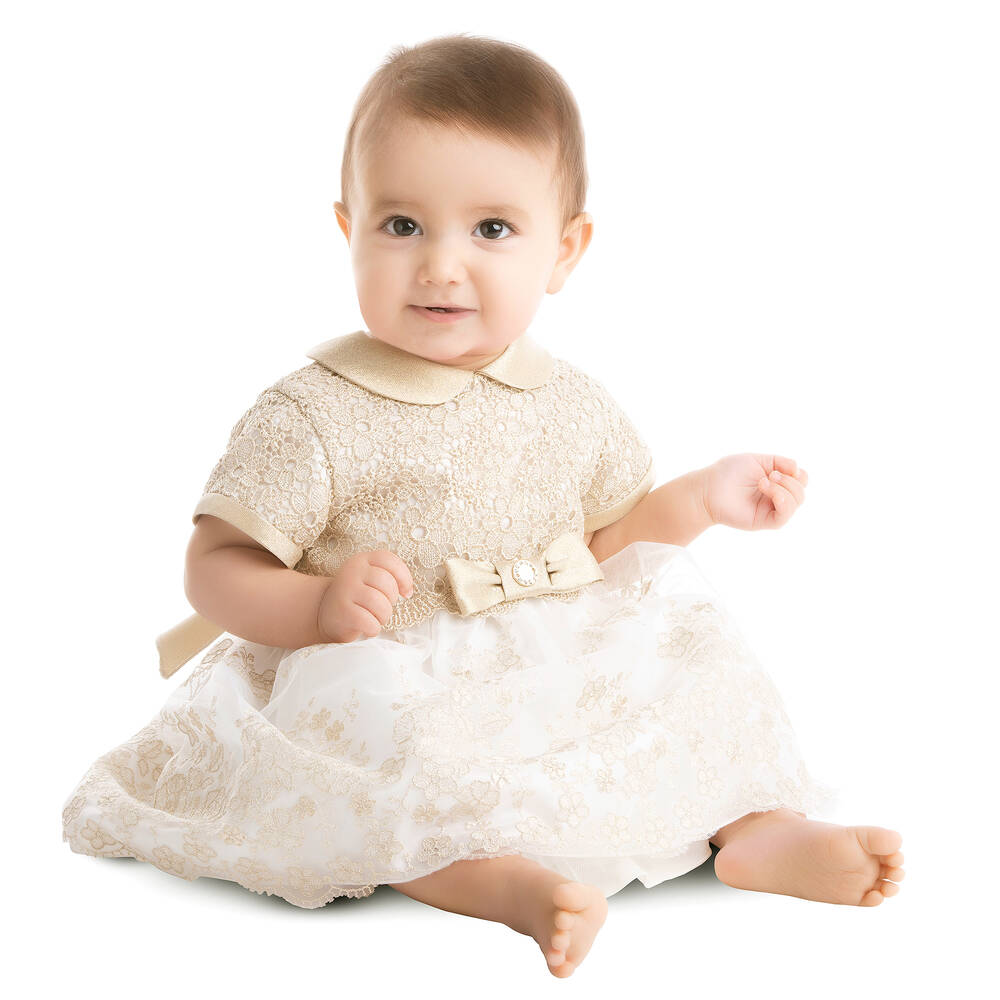 ليزي-فستان دانتيل وتول مطرز لون ذهبي وعاجي | Childrensalon Outlet