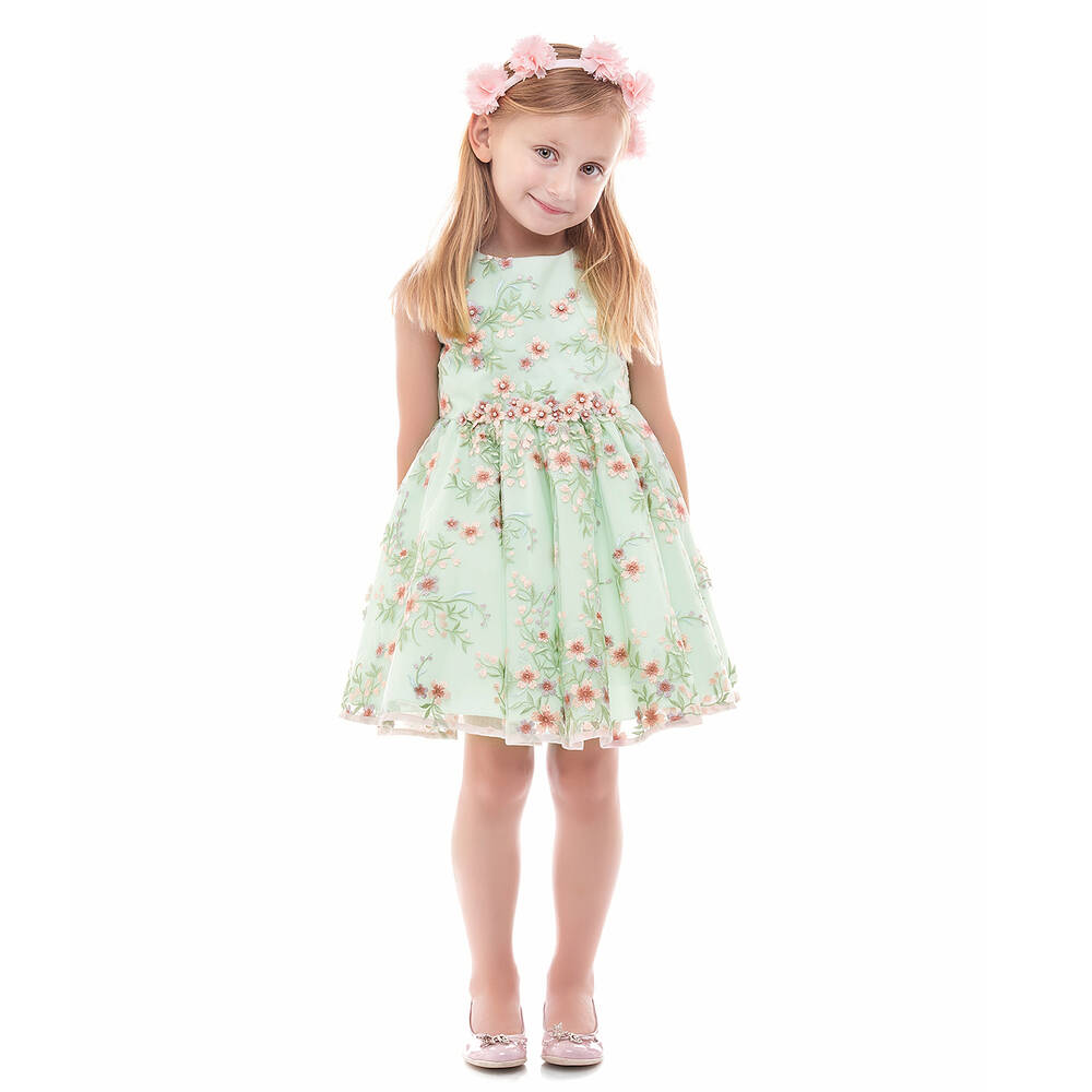 Lesy-Green Embroidered Tulle Dress | Childrensalon Outlet