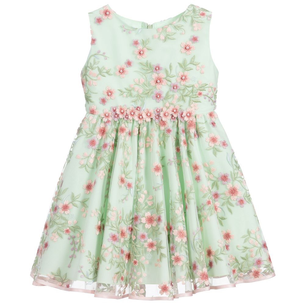 Lesy - Green Embroidered Tulle Dress | Childrensalon
