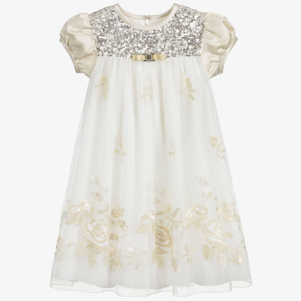 Lesy-فستان ساتان و تول لون عاجي وذهبي | Childrensalon Outlet