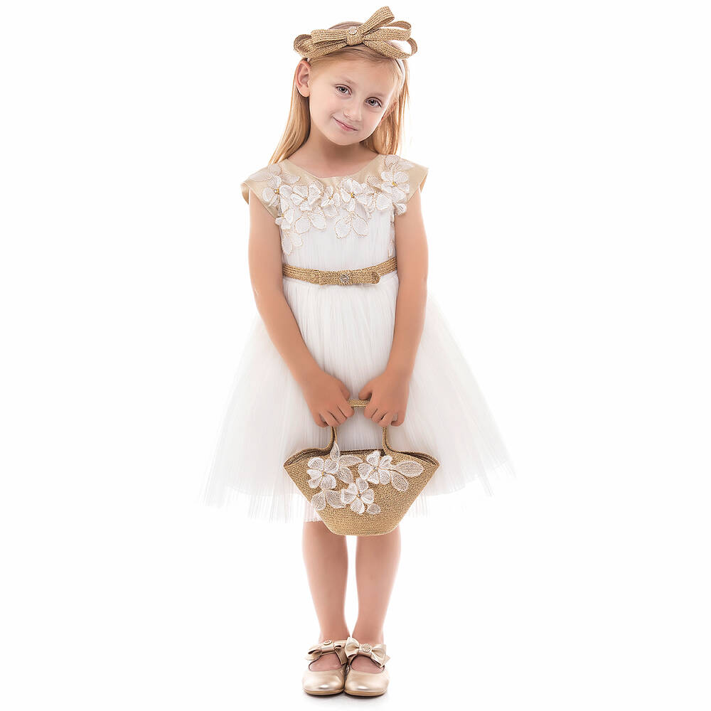 Lesy-Ivory & Gold Tulle Dress | Childrensalon Outlet