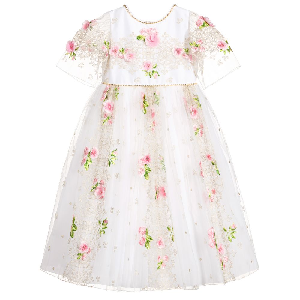 Lesy - Long Ivory & Pink Floral Dress | Childrensalon