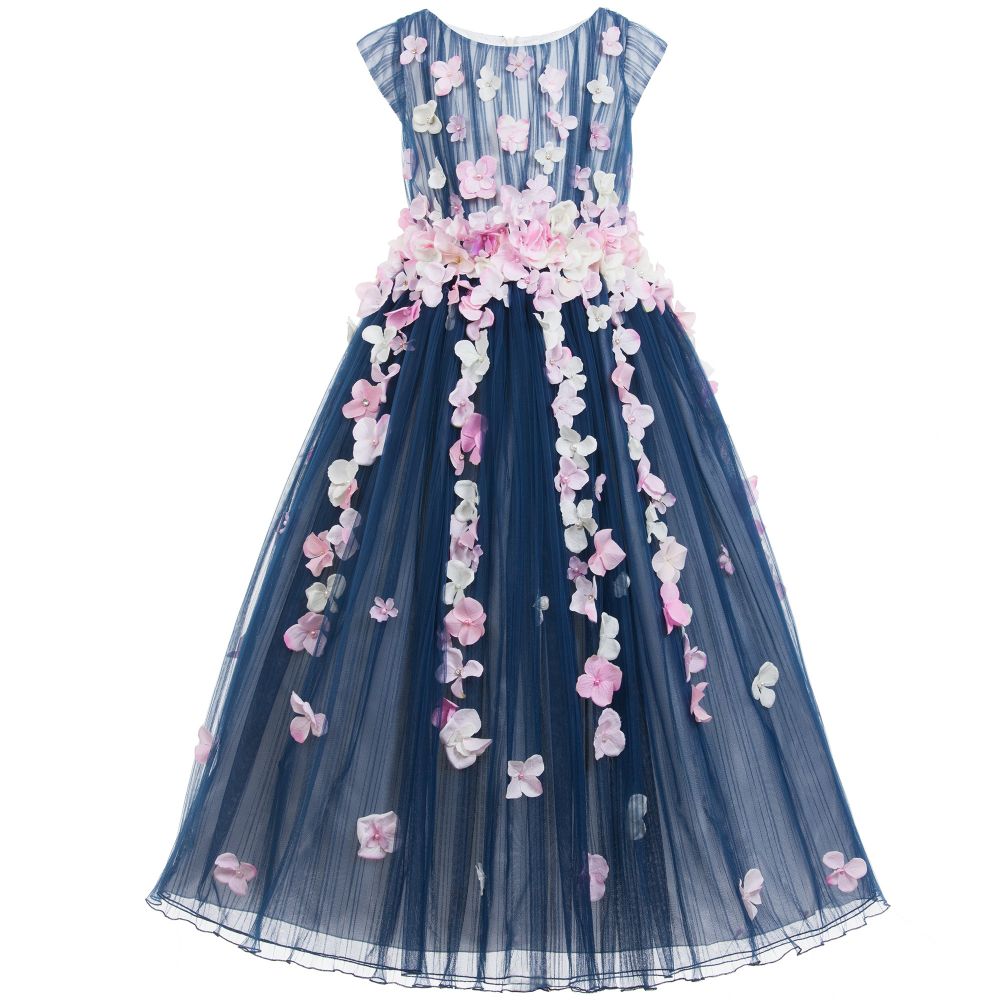 Lesy Luxury Flower - فستان تولو طويل أزرق داكن مع أزهار وردية  | Childrensalon