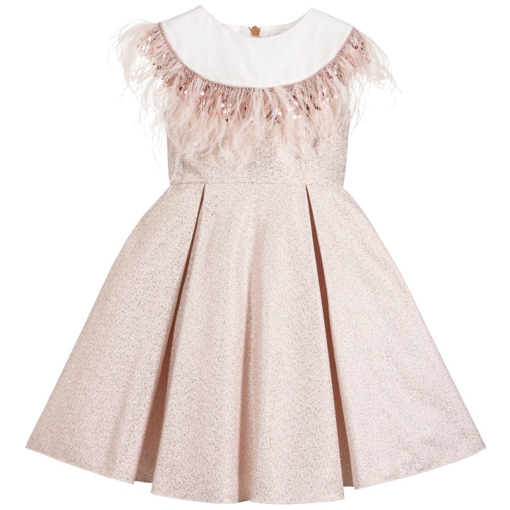 Lesy - Robe rose en brocart et plumes | Childrensalon