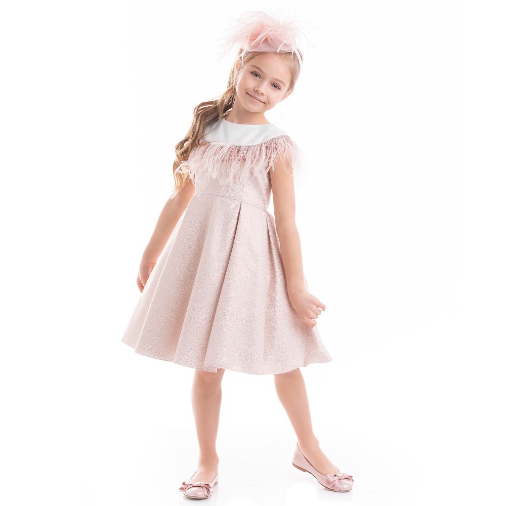 Lesy - Pink Brocade Feather Dress | Childrensalon Outlet
