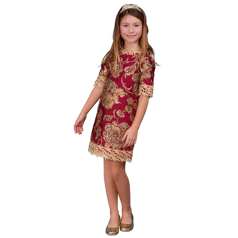 Lesy-Red & Gold Silk Brocade Dress | Childrensalon Outlet