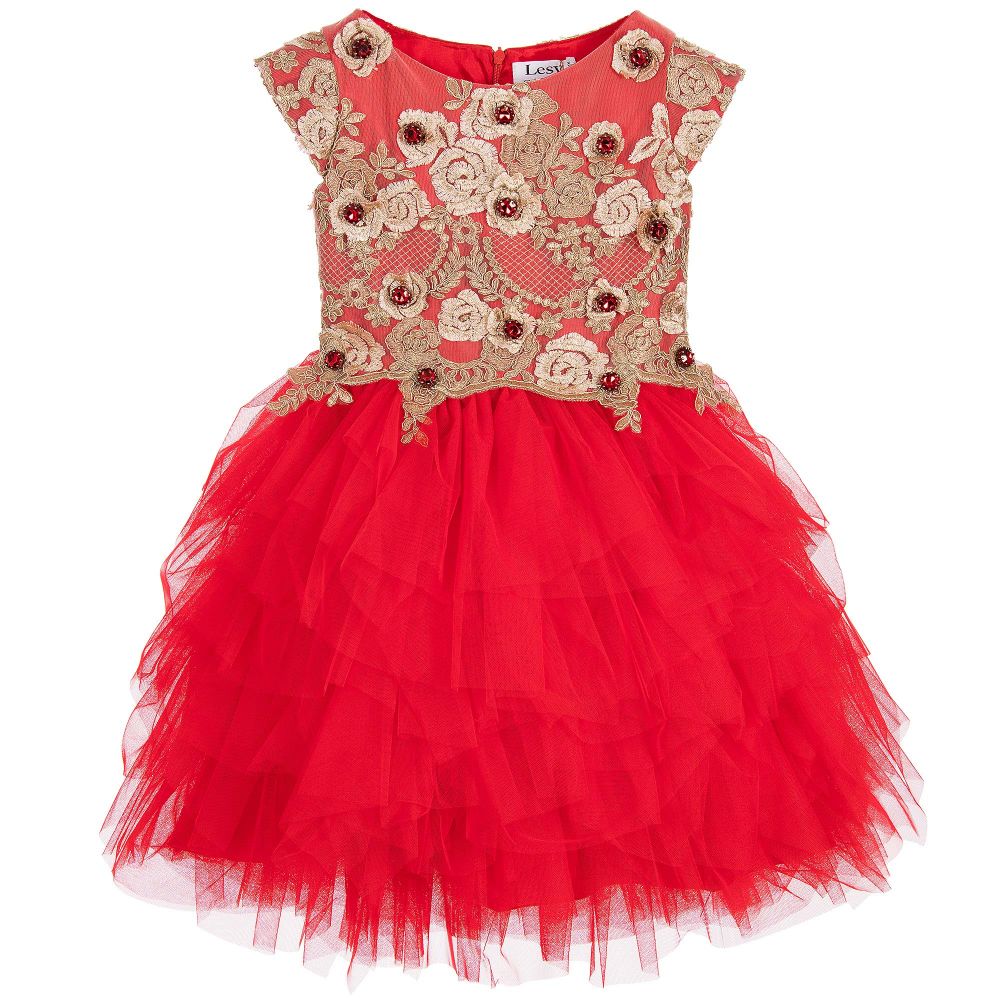 Lesy Luxury - Red Tulle Dress with Ornate Gold Embroidery & Jewels | Childrensalon