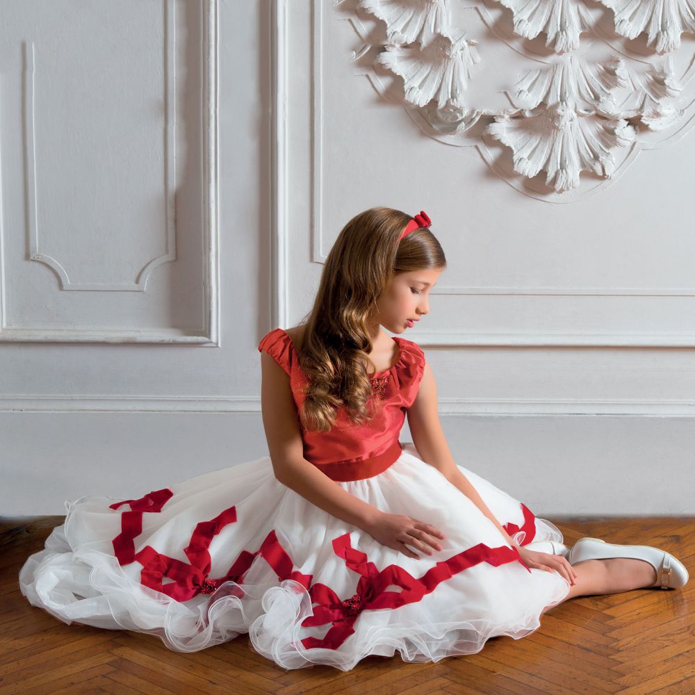 Lesy Luxury Red White Satin Tulle Dress with Bows