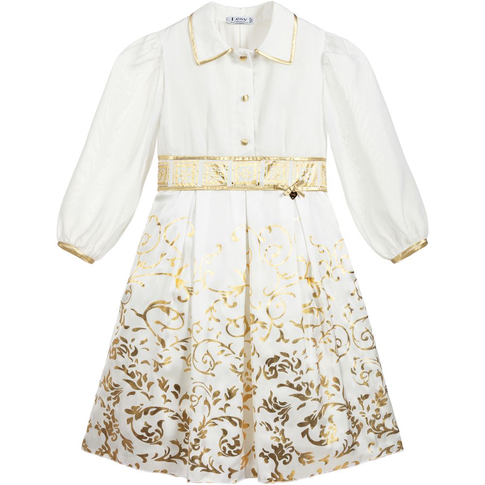 Lesy - White & Gold Chiffon Dress | Childrensalon