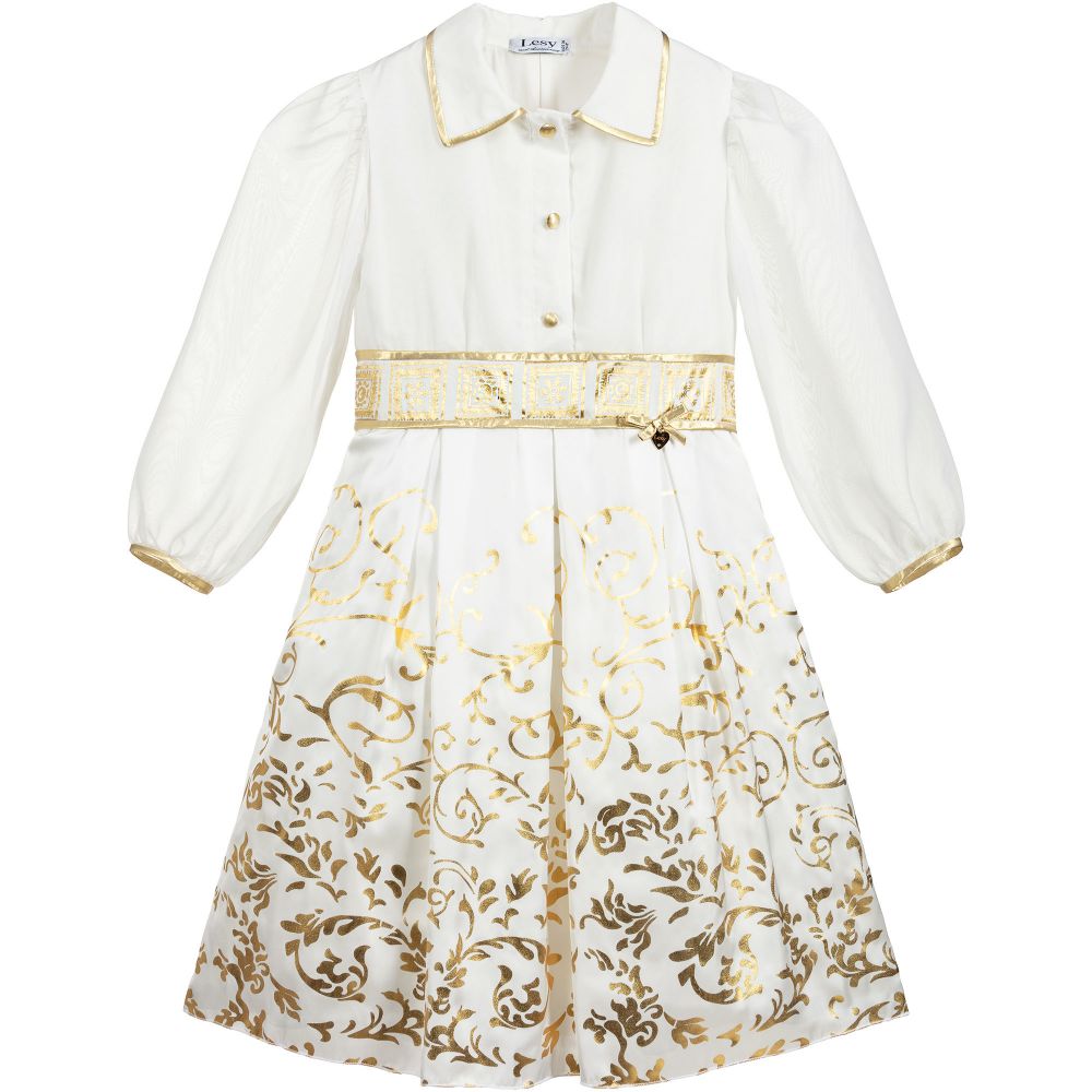 Lesy - Robe en mousseline blanche et dorée | Childrensalon