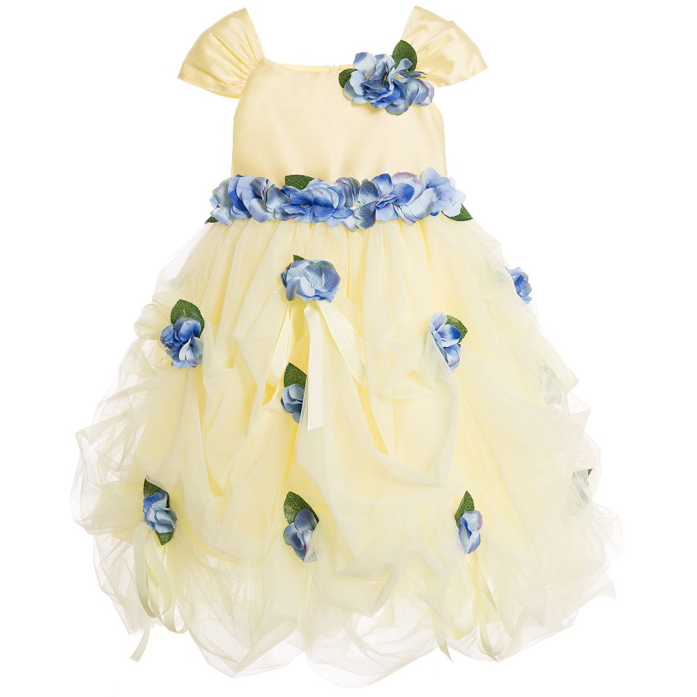 Lesy Luxury Flower - Yellow Tulle Dress with Blue Flowers | Childrensalon