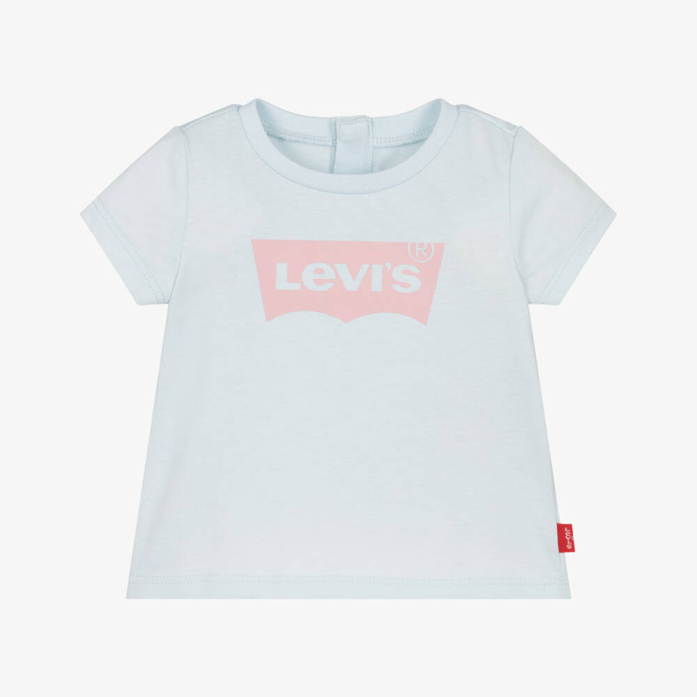 Levi's-Baby Girls Pale Blue Cotton T-Shirt with Pink Batwing Logo | Childrensalon Outlet