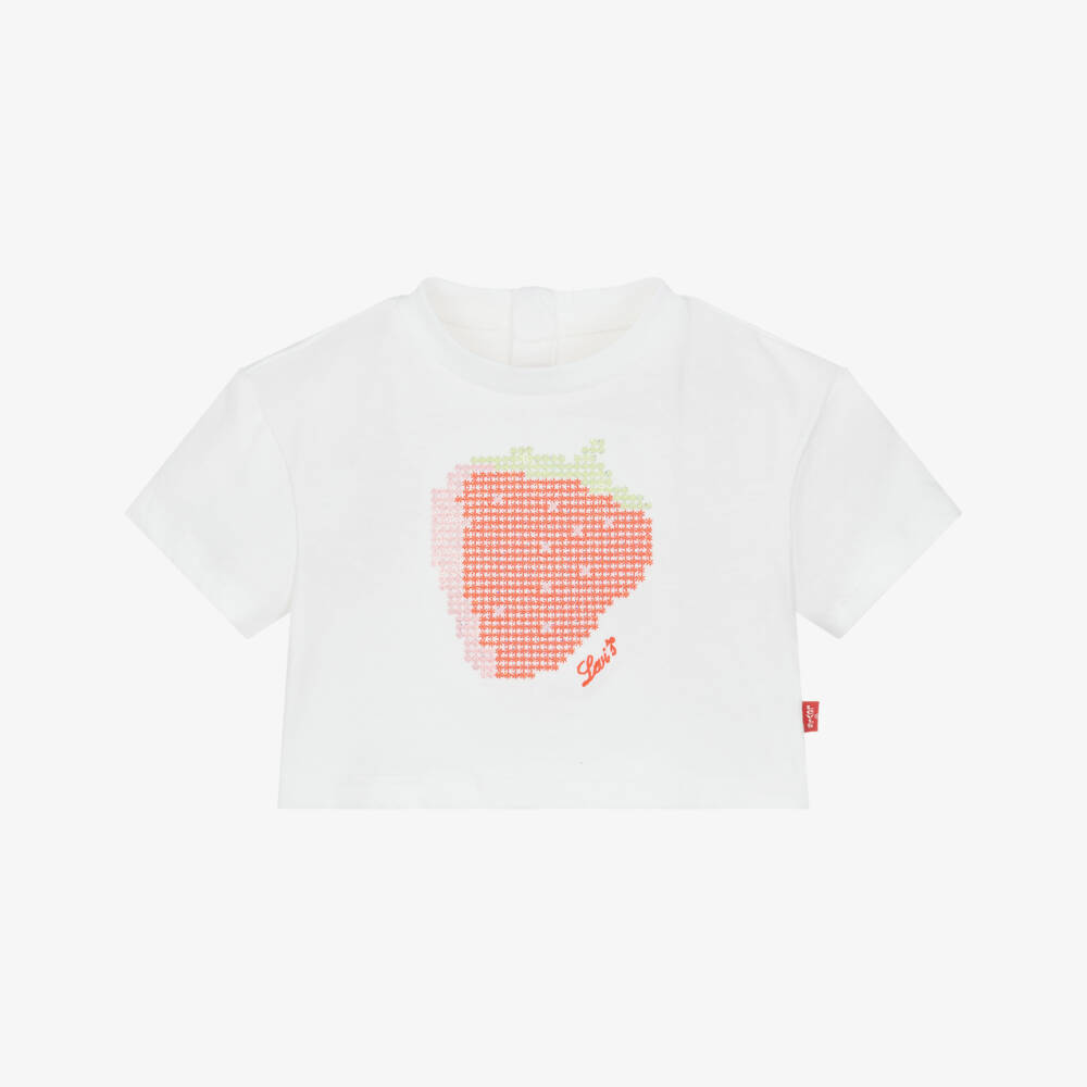 Levi's-Baby Girls White Cotton T-Shirt with Embroidered Strawberry | Childrensalon Outlet