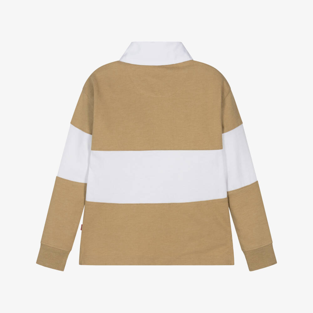 Levi's-Boys Beige & White Striped Rugby Shirt with Batwing Logo | Childrensalon Outlet