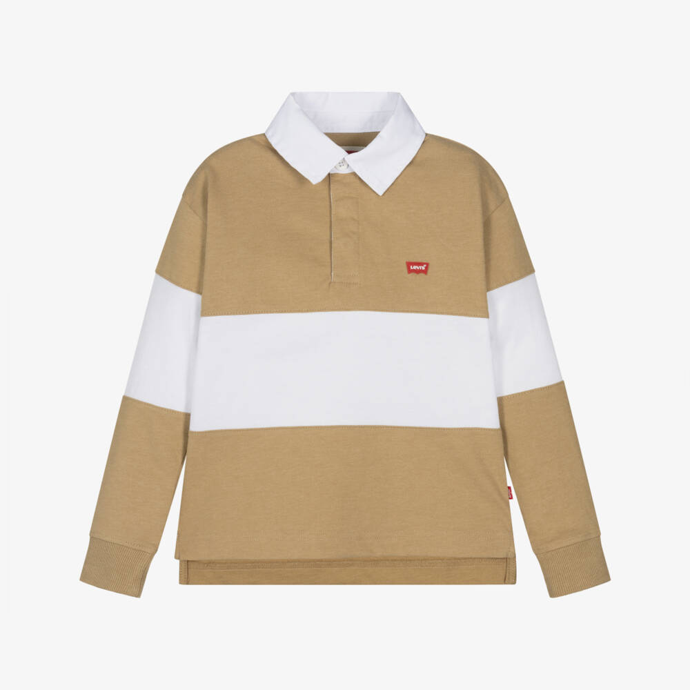 Levi's-Boys Beige & White Striped Rugby Shirt with Batwing Logo | Childrensalon Outlet