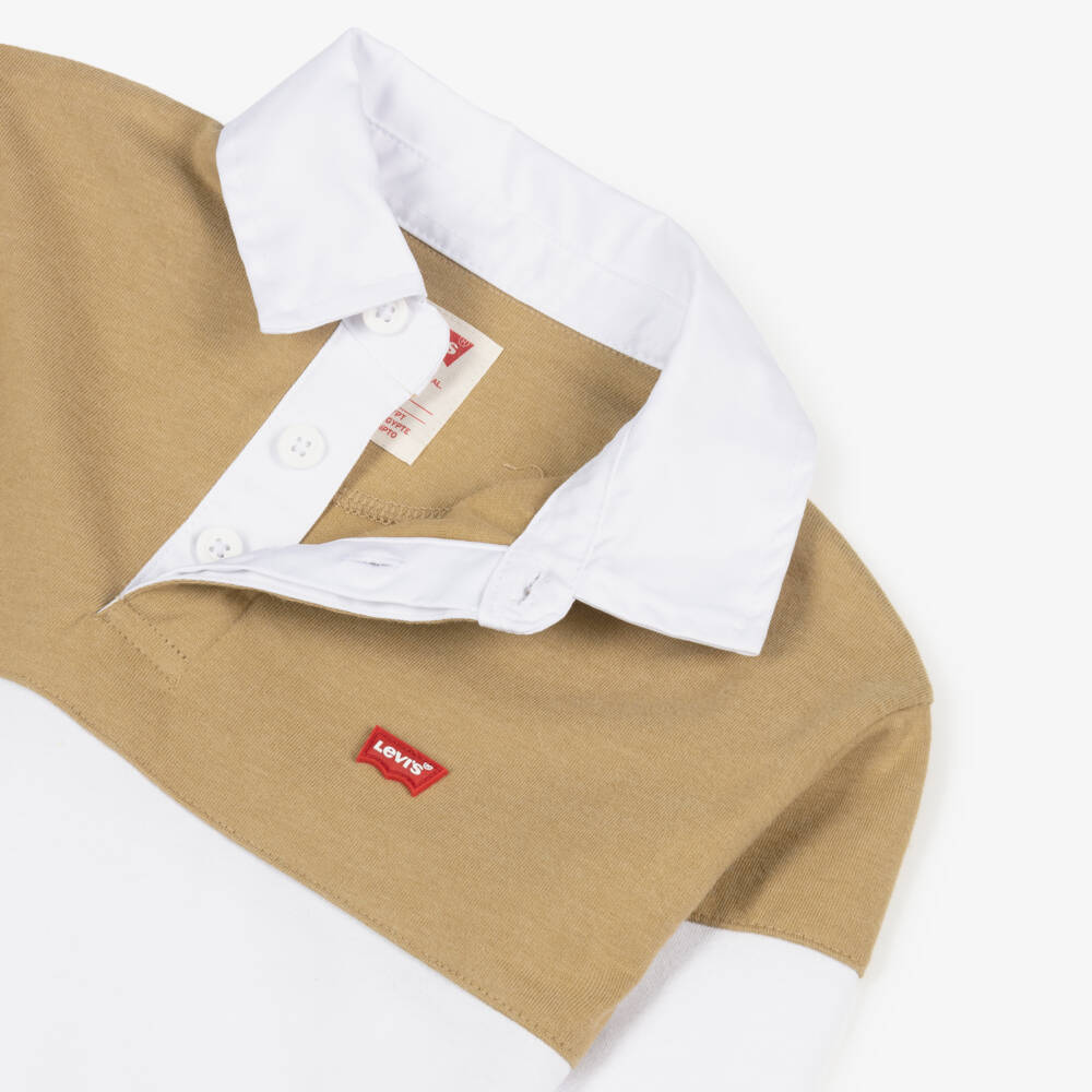 Levi's-Boys Beige & White Striped Rugby Shirt with Batwing Logo | Childrensalon Outlet