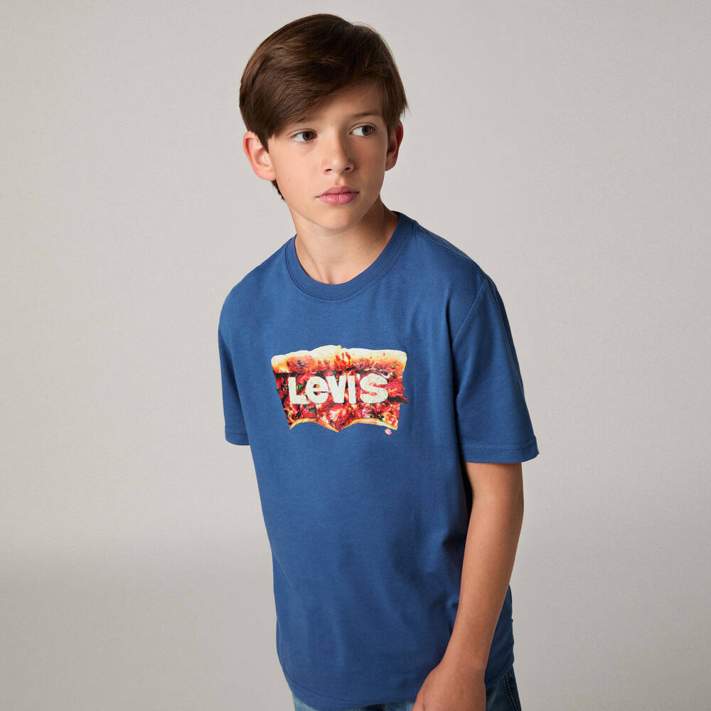 Levi's-Boys Blue T-Shirt with Pizza Batwing Print | Childrensalon Outlet