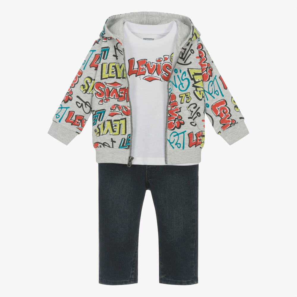 Levi's - طقم جينز قطن جيرسي لون رمادي وأزرق أطفال ولادي | Childrensalon