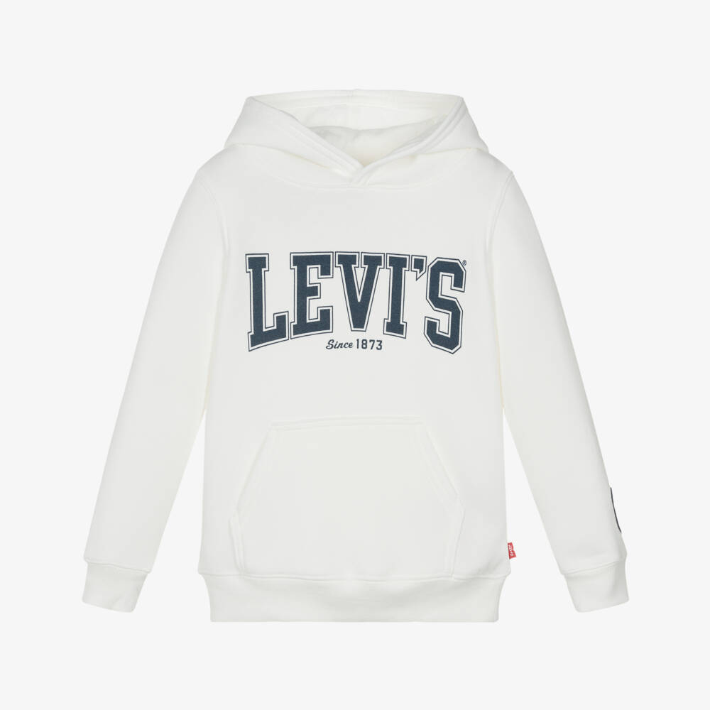 Levi's-Boys White Cotton Hoodie with Navy Blue Varsity Logo | Childrensalon Outlet