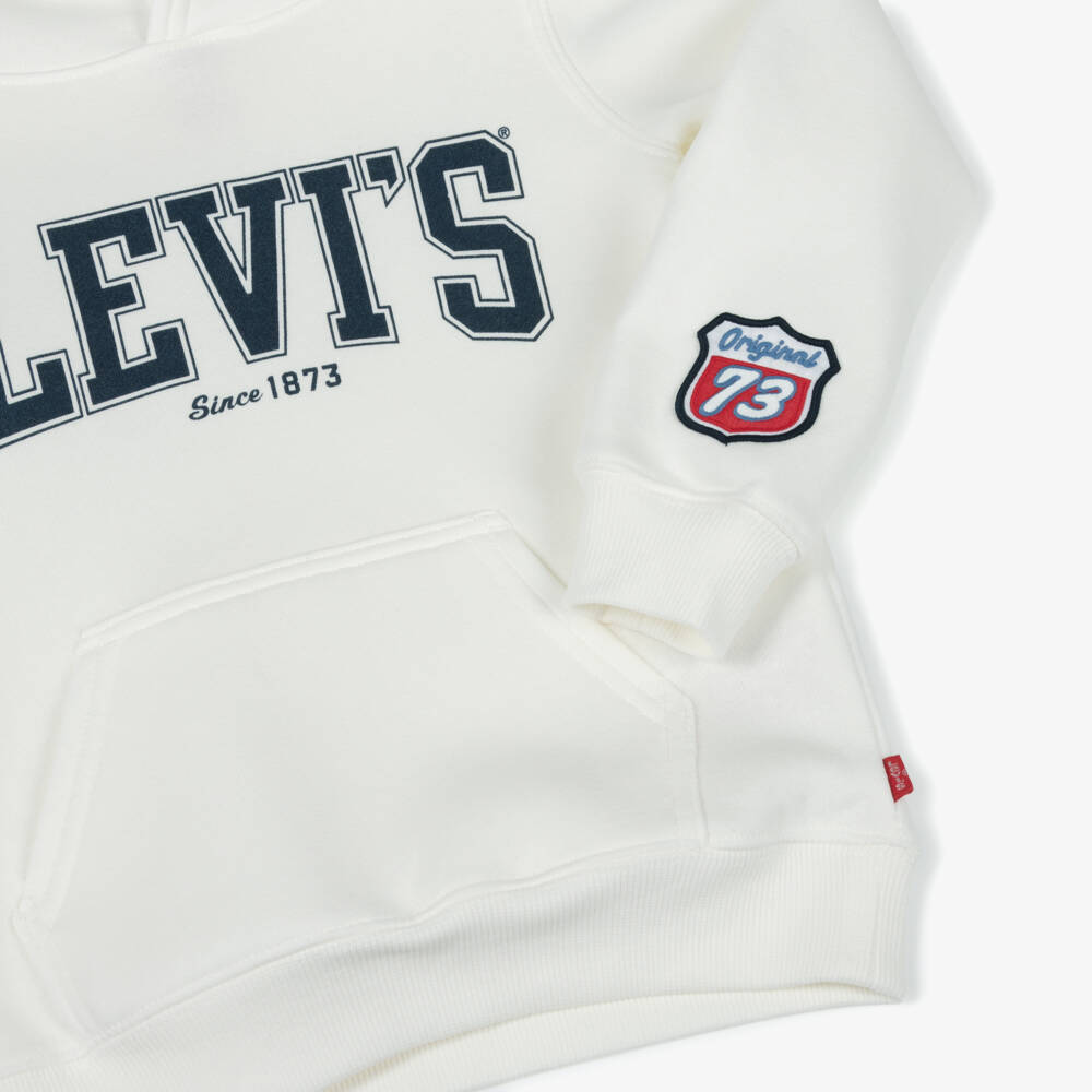 Levi's-Boys White Cotton Hoodie with Navy Blue Varsity Logo | Childrensalon Outlet