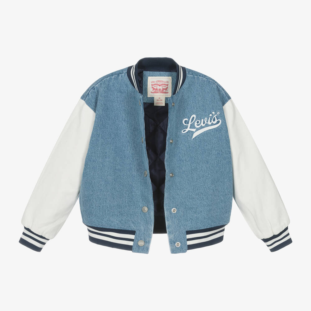 Denim varsity bomber jacket cheap