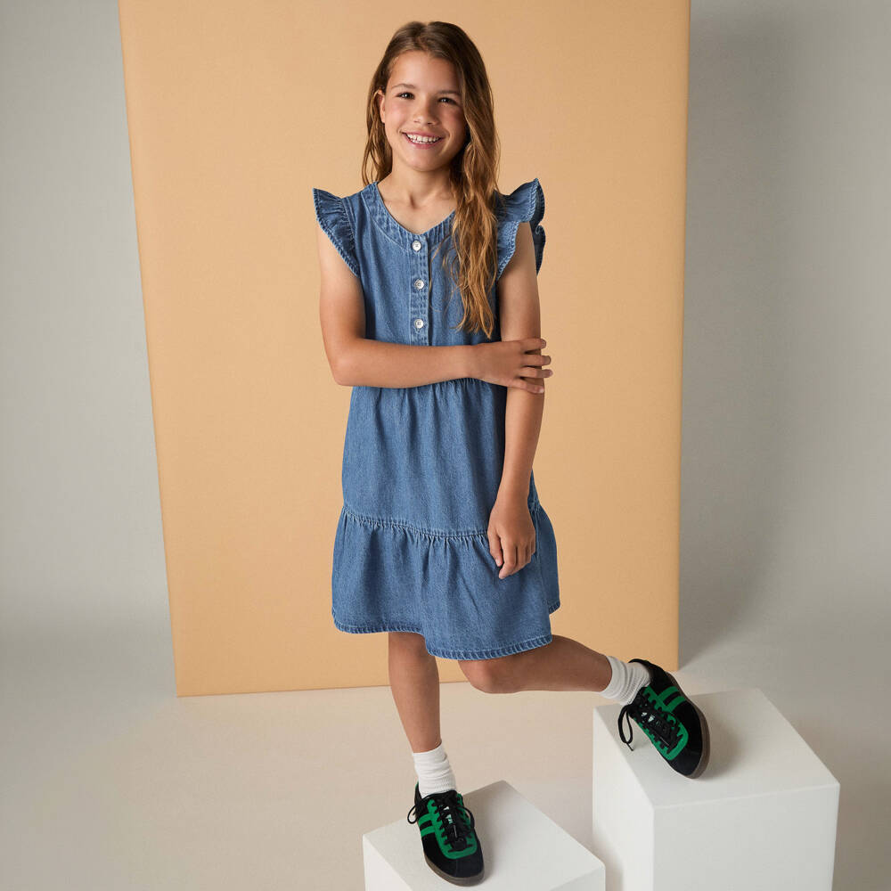 Levi's-Girls Blue Denim Tiered Dress with Ruffle Sleeves | Childrensalon Outlet